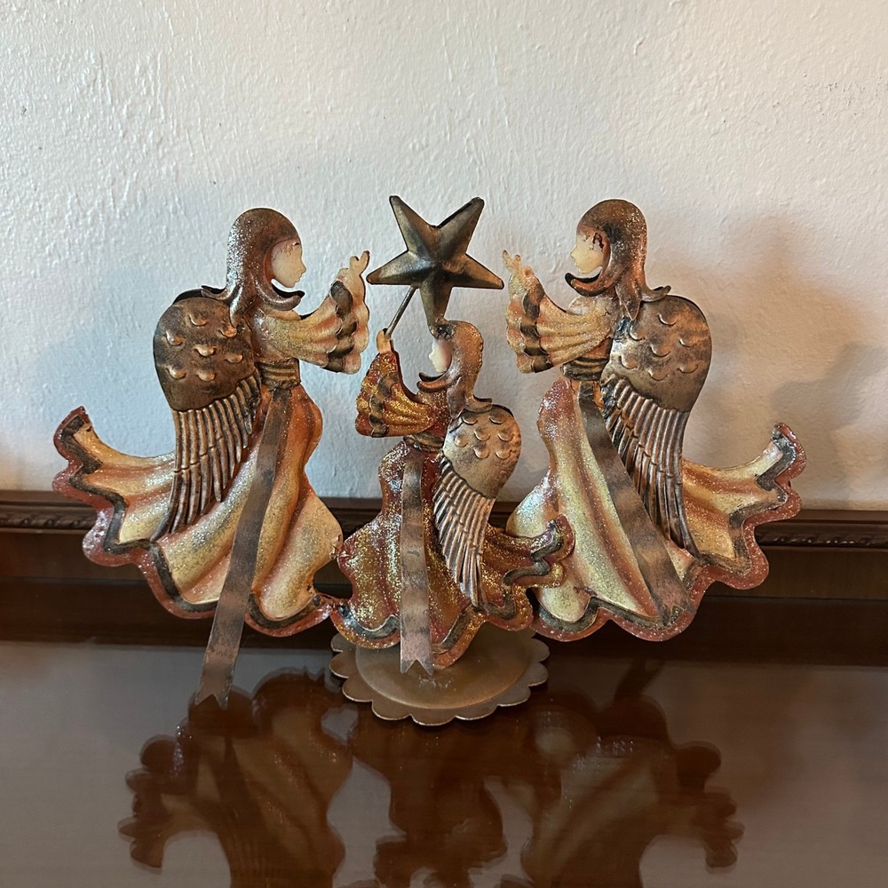 Vintage Metal Angel Trio Tabletop Decor Gold Glitter Star Christmas Centerpiece